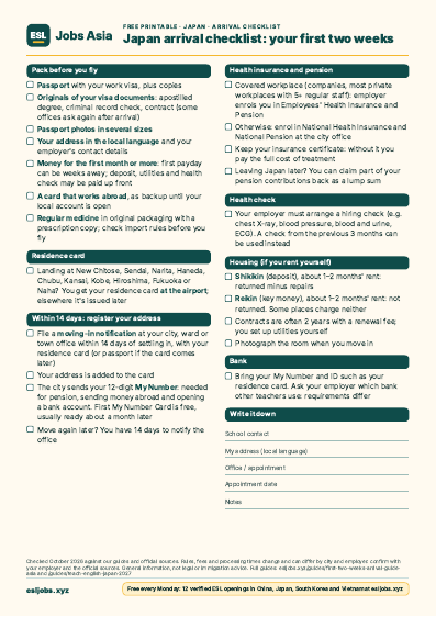 Preview of the Japan arrival checklist: your first two weeks PDF