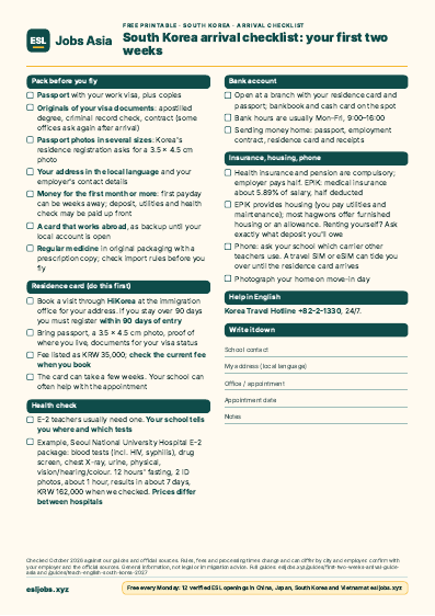 Preview of the South Korea arrival checklist: your first two weeks PDF