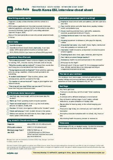 Preview of the South Korea ESL interview cheat sheet PDF