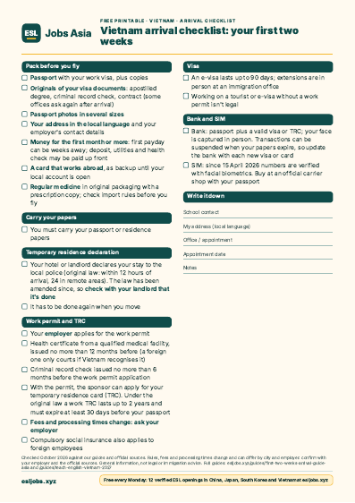 Preview of the Vietnam arrival checklist: your first two weeks PDF